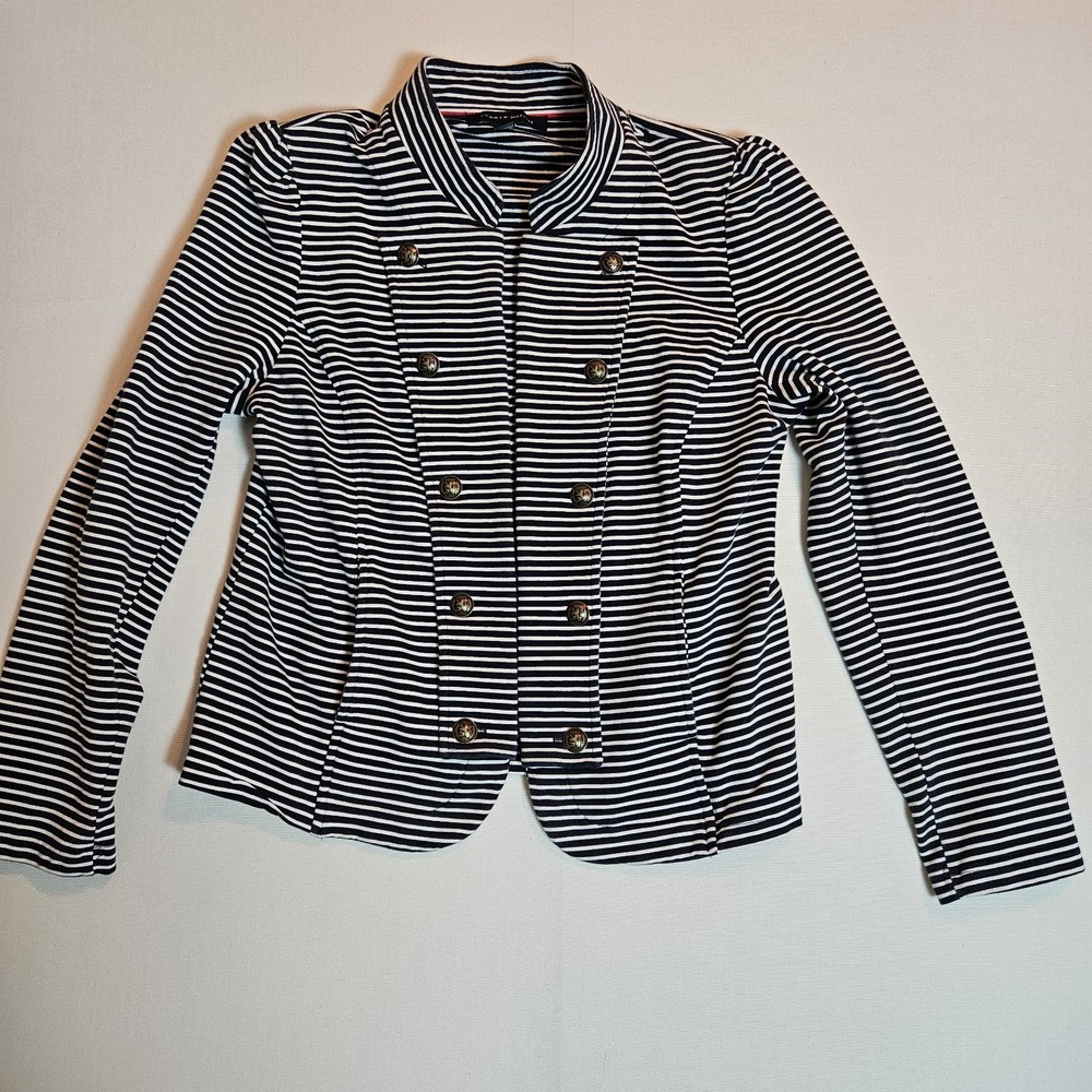 Tommy Hilfiger Black White Stripe Double Breasted Jacket Blazer L‎ Large Womens
